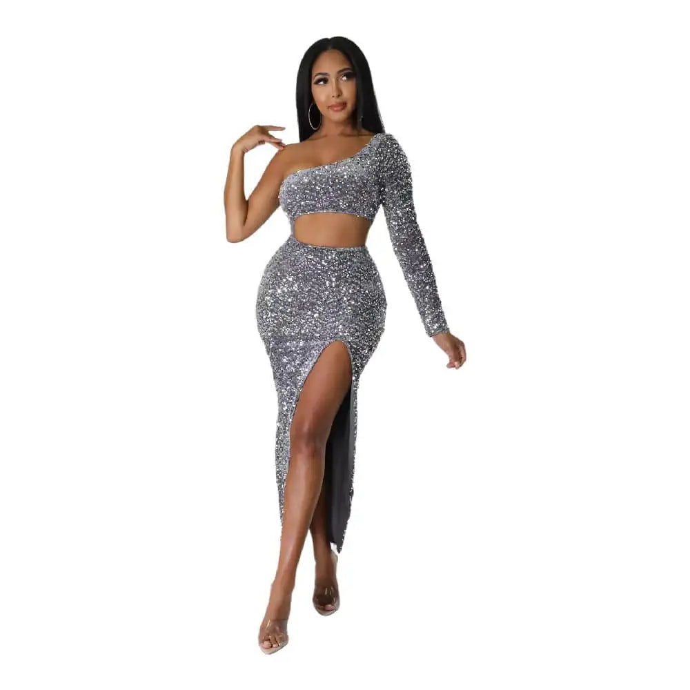 Shimmering silver fashionable sequins sexy one-shoulder crop top with long sleeves and sexy navel split pencil skirt