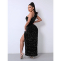 A shimmering black sequins slit dress with foreign trade sleeveless design and a red one shoulder slash neck detail