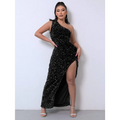 Black one shoulder sequined evening gown with high slit and sparkling embellishments foreign trade sleeveless sequins slit dress