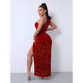 Red one shoulder slash neck sequins slit dress in shimmering fabric for elegant foreign trade sleeveless occasions