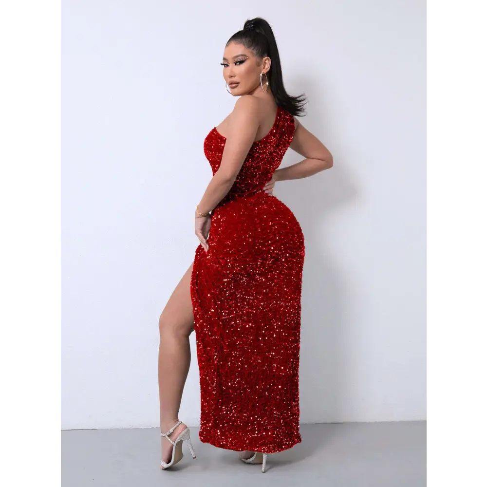 Red one shoulder slash neck sequins slit dress in shimmering fabric for elegant foreign trade sleeveless occasions