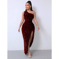 Red one shoulder slash neck sequins slit dress in shimmering burgundy with fitted silhouette and foreign trade sleeveless design