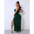 Emerald green sequined one-shoulder floor-length gown with shoulder slash neck and high slit sequins slit dress foreign trade sleeveless