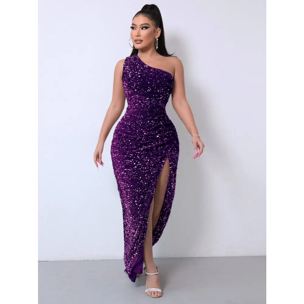 Purple sequins slit dress with shoulder slash neck and foreign trade sleeveless design in a form-fitting silhouette