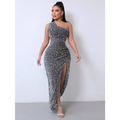 Silver sequined one-shoulder gown with shoulder slash neck and high slit for elegant foreign trade sleeveless occasions