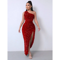 Red one shoulder slash neck sequins slit dress in shimmering red with ruched bodice for foreign trade sleeveless style