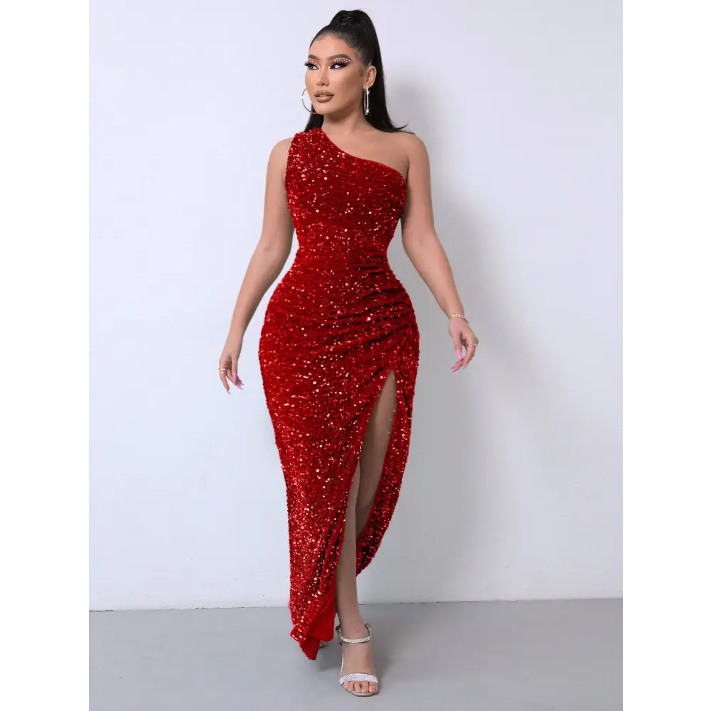 Red one shoulder slash neck sequins slit dress in shimmering red with ruched bodice for foreign trade sleeveless style