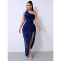 Navy blue shimmering sequins slit dress with one shoulder slash neck and foreign trade sleeveless design