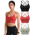 Red padded sports bra with crisscross strappy cross back shown from the back for women padded sports bras