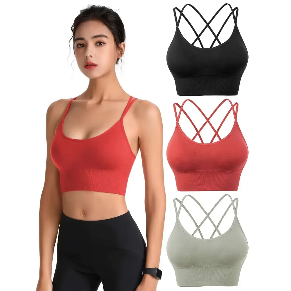 Red padded sports bra with crisscross strappy cross back shown from the back for women padded sports bras