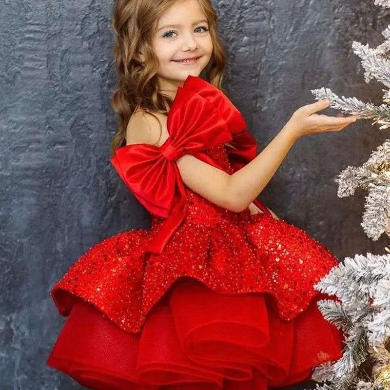 A vibrant red princess dress with bow sleeves and a tulle tutu featuring a puffy skirt and satin details