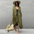 Olive green rayon embroidered holiday open-front cover-up with gold thread detailing for holiday sun protection cardigan