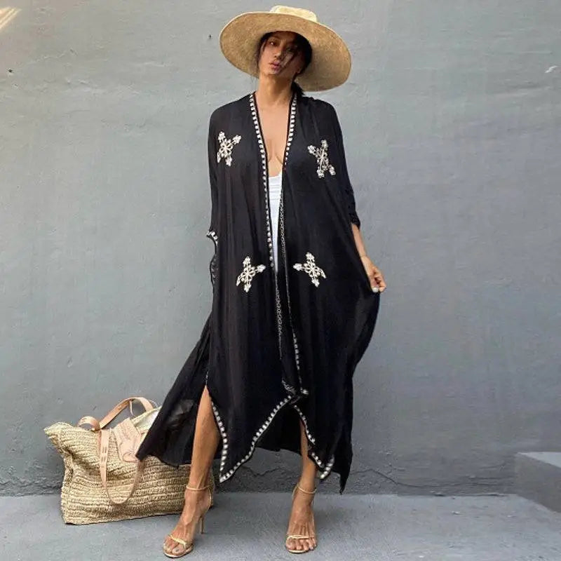 Black rayon embroidered holiday sun protection cardigan with white cross embroidery and beaded trim open front cover-up