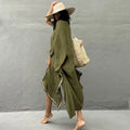 Olive green rayon embroidered holiday sun protection cardigan with flowing loose fit and white scalloped hemline embroidery