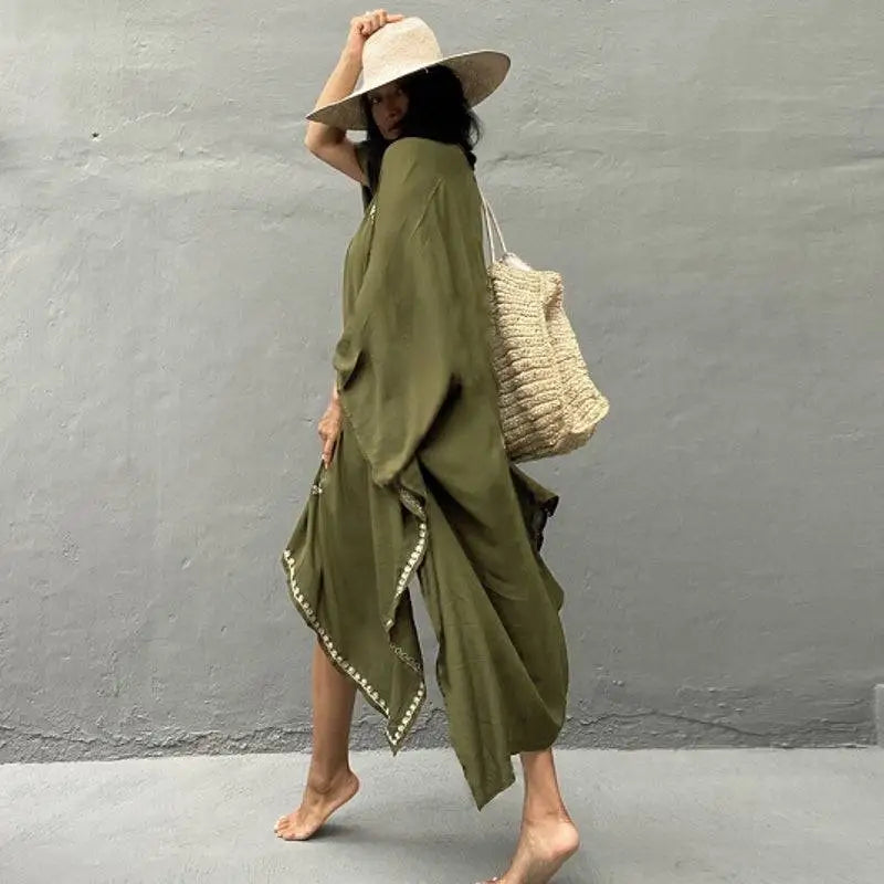 Olive green rayon embroidered holiday sun protection cardigan with flowing loose fit and white scalloped hemline embroidery