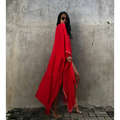 Red rayon embroidered holiday sun protection cardigan featuring vibrant flowing maxi dress with gold trim detailing