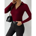 A fashionable slim fit red ribbed knit long-sleeved polo top with a v-neckline for elegant wear