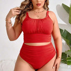 Red ribbed plus size beach bikini swimsuit with square neckline and high-waisted bottom for stylish beachwear
