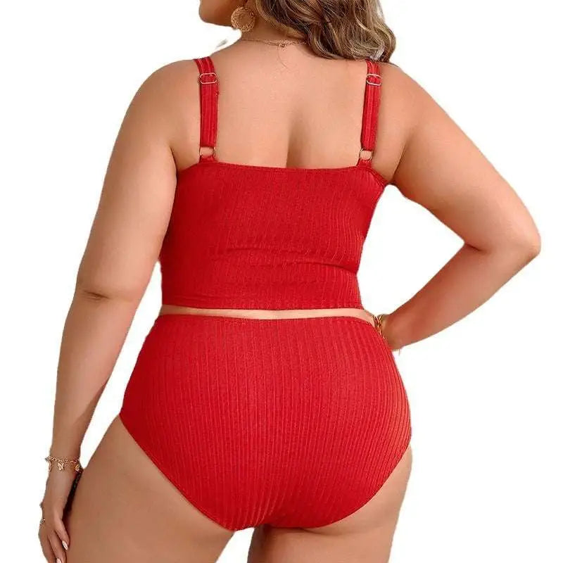 Red ribbed plus size beach bikini swimsuit with square neckline and adjustable shoulder straps for comfortable fit