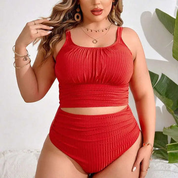 Red ribbed plus size beach bikini swimsuit with square neckline and high waisted bottom for comfortable wear