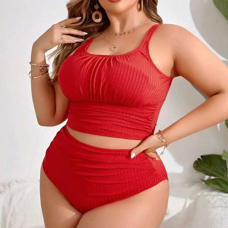 Red ribbed plus size beach bikini swimsuit with ruched square neckline top and high waisted bottoms