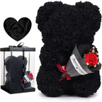 Black rose bear with a red rose accent and ribbon in a red rose bear eternal flower gift box