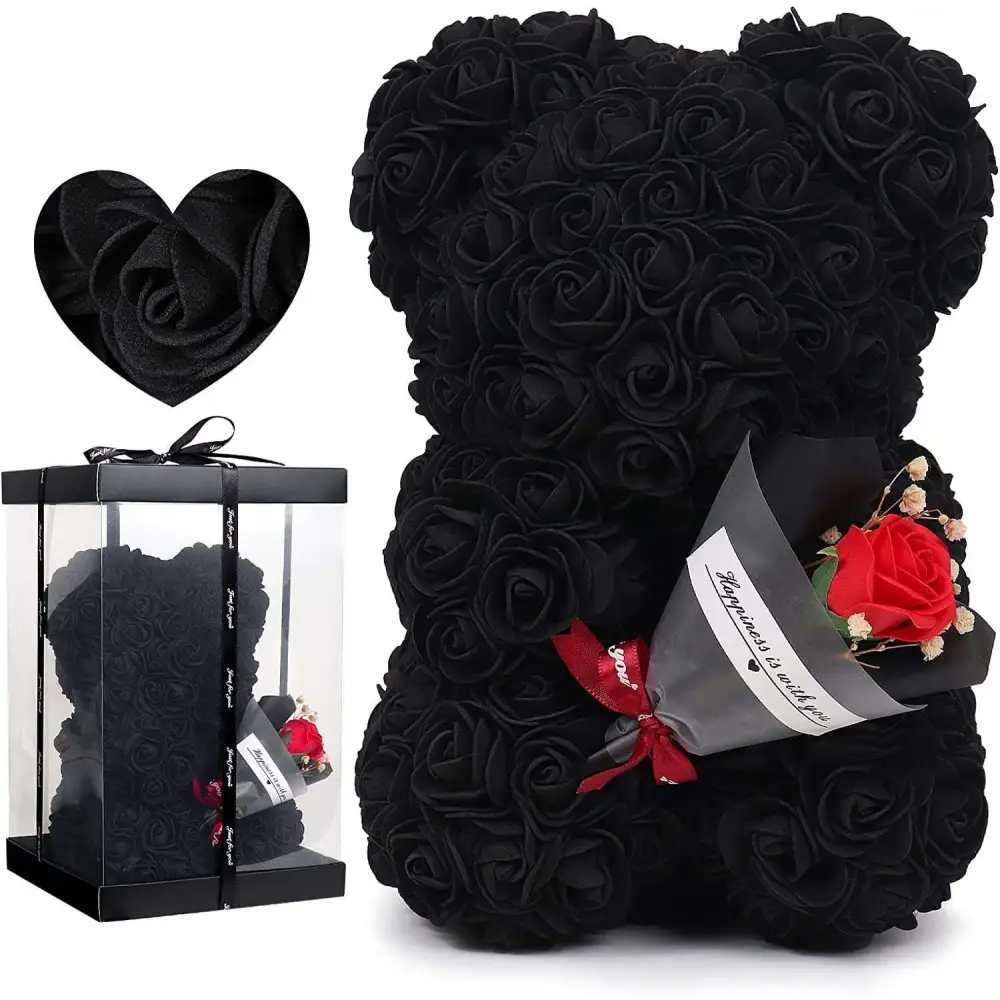 Black rose bear with a red rose accent and ribbon in a red rose bear eternal flower gift box