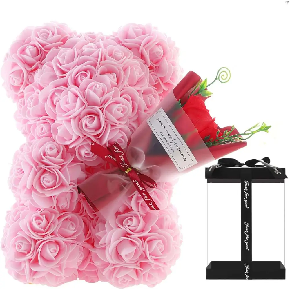 Pink rose bear covered teddy bear with bouquet of red roses and black box for red rose bear eternal flower gift