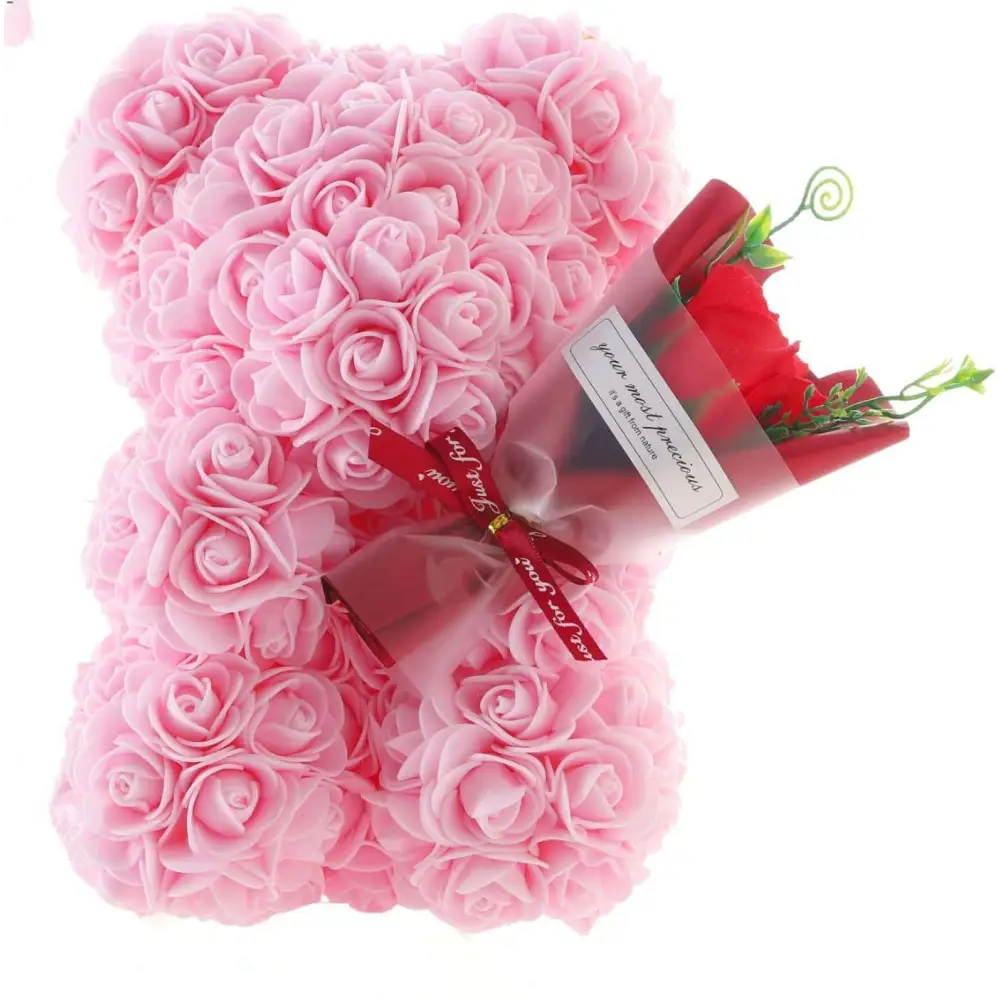 Pink foam rose bear adorned with a red ribbon wrapped bouquet in a red rose bear eternal flower gift box