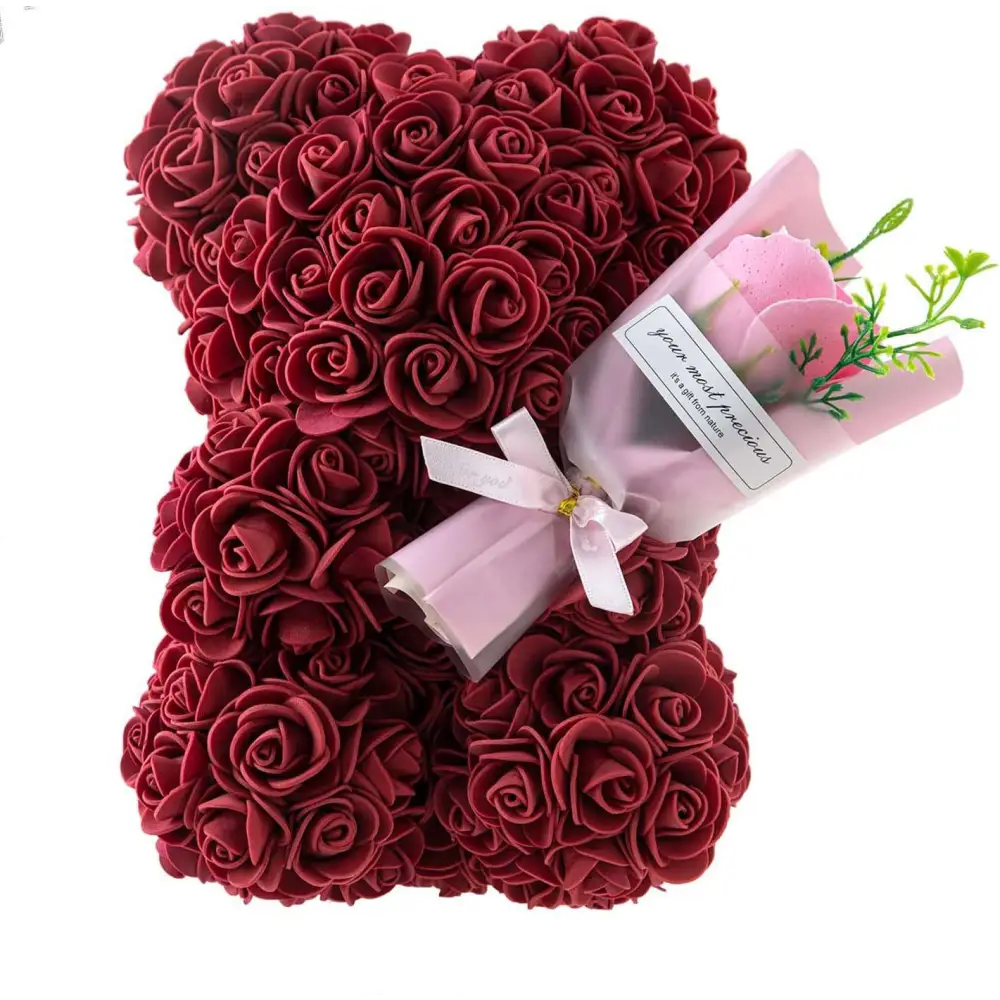 A red rose bear crafted from dense artificial roses with a pink rose bouquet tied in satin for eternal flower gift