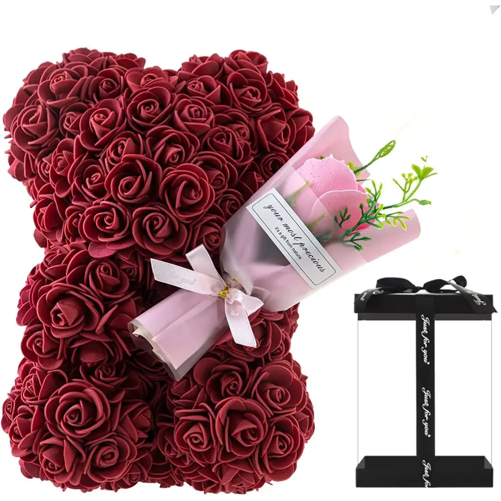 A red rose bear crafted from dense foam roses in an eternal flower gift box perfect for special occasions