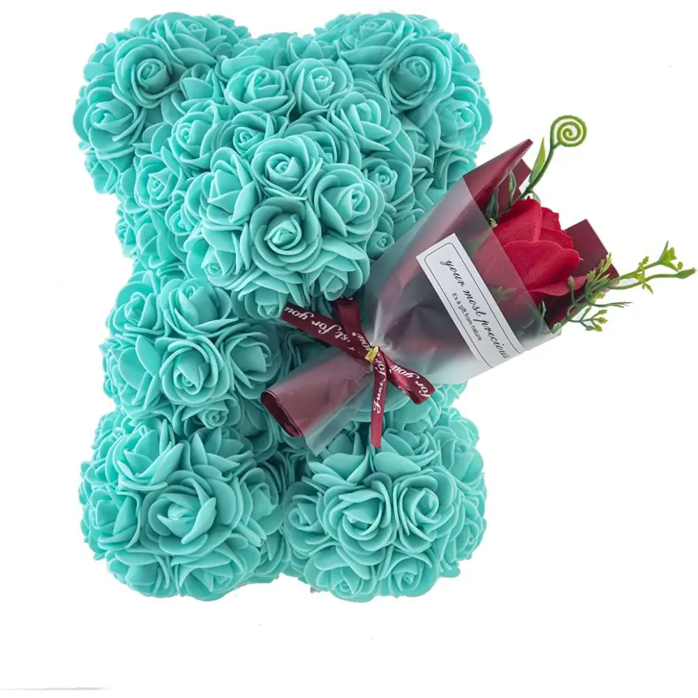 Turquoise rose bear figurine holding a red rose bouquet with maroon ribbon in red rose bear eternal flower gift box