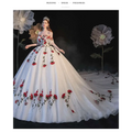 A flowing white wedding gown with red rose embroidery and lace detailing featuring temperament bride bra trailing design