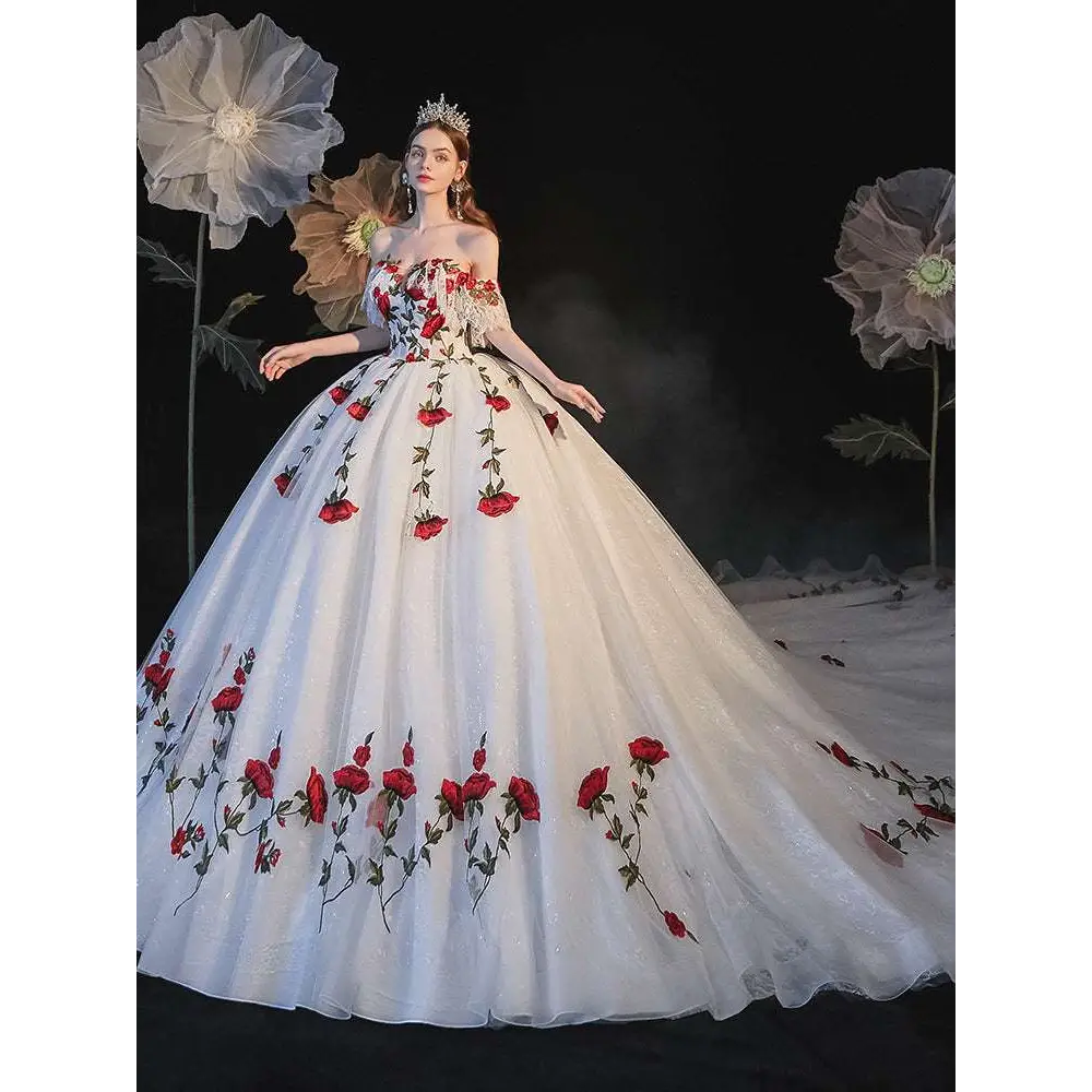 White off-the-shoulder ball gown with red rose embroidery lace detailing for temperament bride bra trailing use