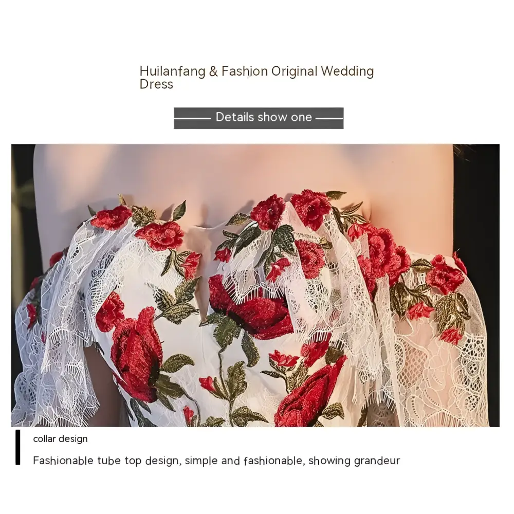White lace wedding dress featuring intricate red rose embroidery and green floral accents for temperament bride bra trailing use