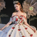 White off-the-shoulder ball gown with red rose embroidery lace detailing for temperament bride bra trailing use