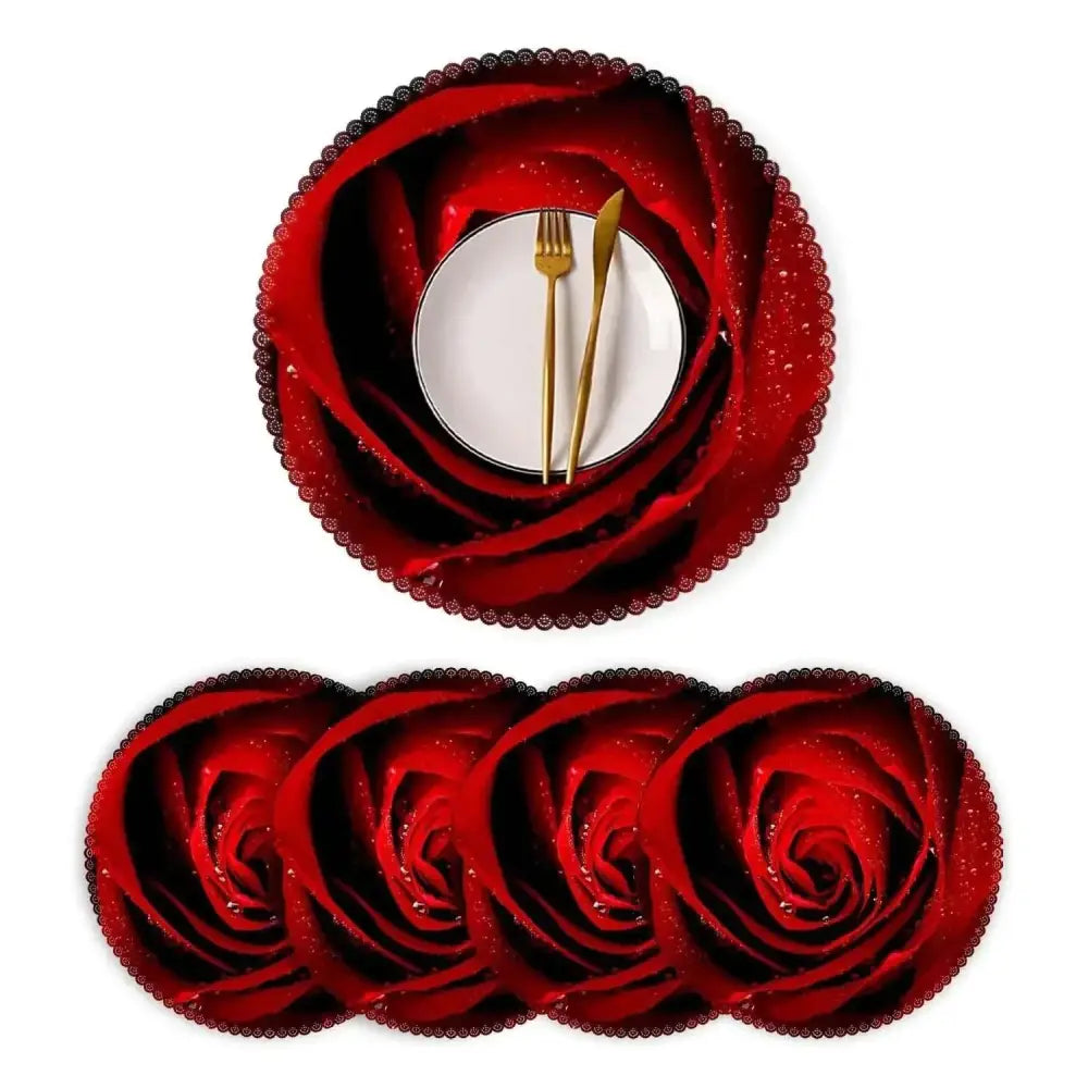 Red rose heat resistant placemats set of 4 with glittery texture scalloped edges washable polyester design