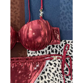 Shiny crimson metallic bikini top with red ruched steel bracket push up and gold toned hardware detailing