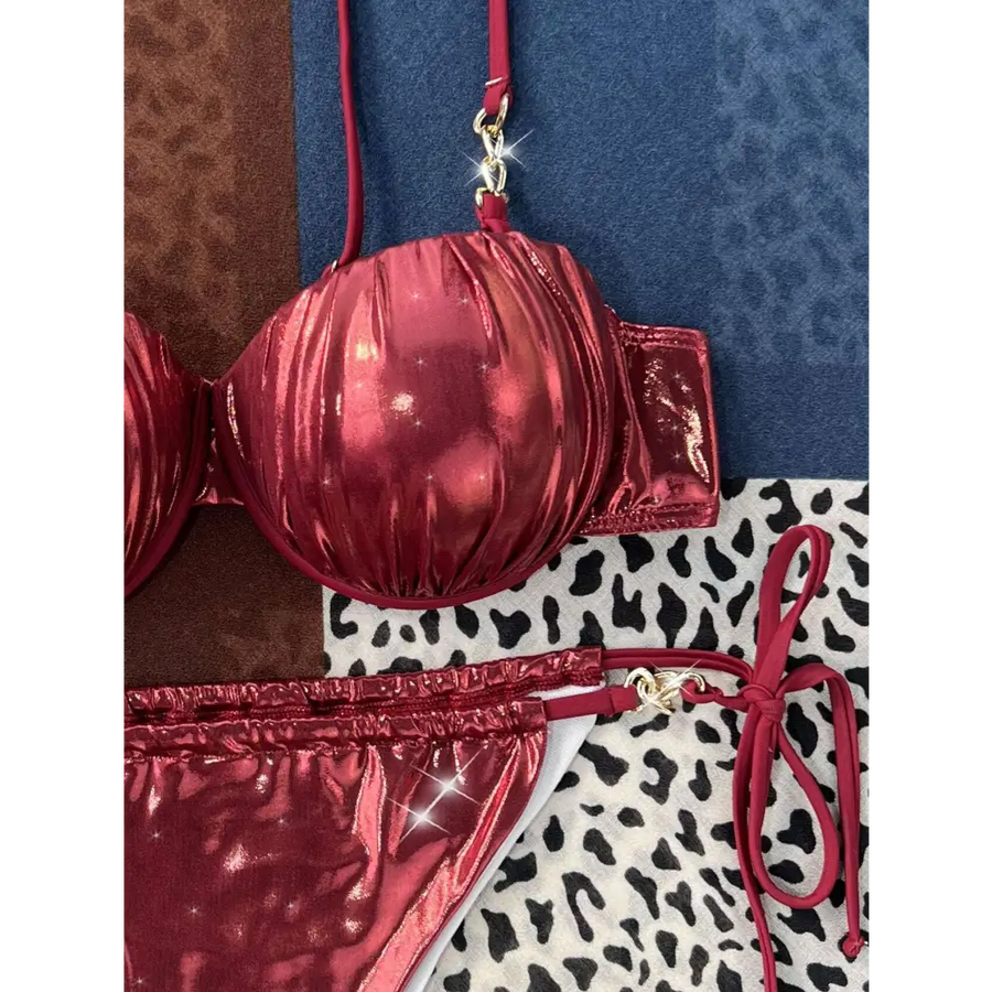 Red Ruched Steel Bracket Push Up Metallic Bikini