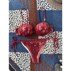Shiny red ruched steel bracket push up metallic bikini set with structured bra top and thong bottom with white trim