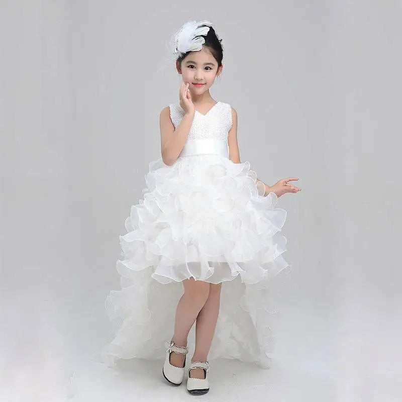 White lace and tulle wedding flower girl dress with high-low ruffled skirt in red for girls dress wedding events