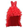 A vibrant red wedding flower girl gown with a beaded bodice and cascading ruffled layers for formal occasions