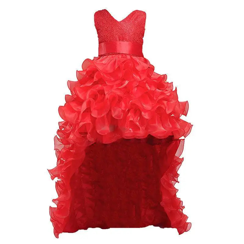 A vibrant red wedding flower girl gown with a beaded bodice and cascading ruffled layers for formal occasions