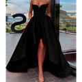 Black velvet high low gown with sweetheart neckline and dramatic train for satin ladies evening wear