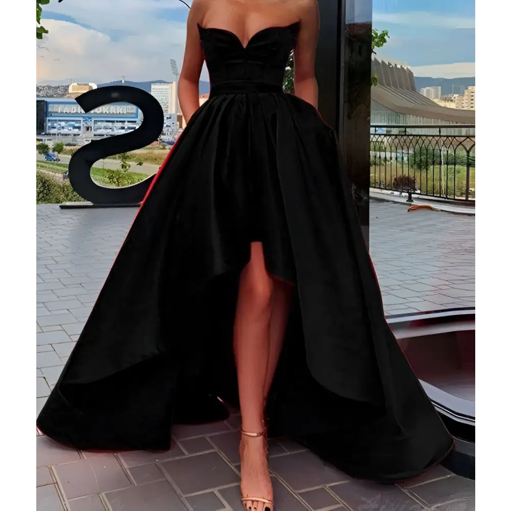 Black velvet high low gown with sweetheart neckline and dramatic train for satin ladies evening wear