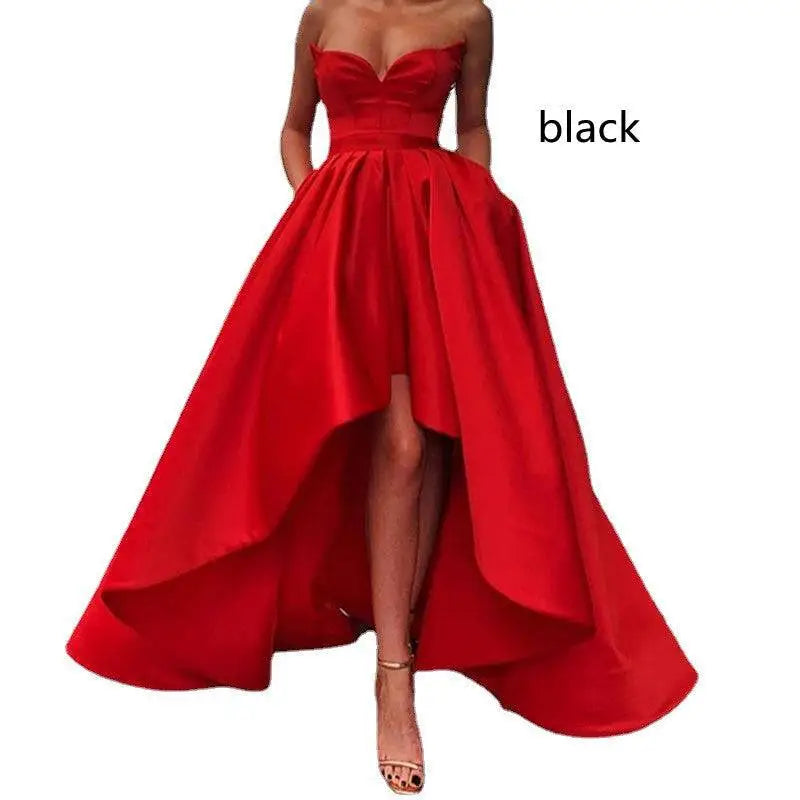 A vibrant red satin ladies evening dress featuring a sweetheart neckline and a high low hemline