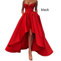 Red satin high low ladies evening dress with vibrant red satin fabric, sweetheart neckline, and fitted waist hemline