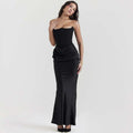 Black satin fashion bandeau mermaid gown with fitted bodice and draped waist detail in a satin long dress style