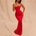 A vibrant red satin long dress featuring a fitted bodice and fashion bandeau mermaid silhouette