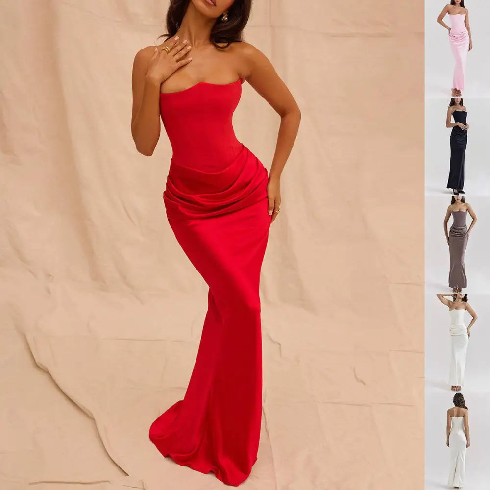 Vibrant red satin long dress with a fitted bodice and fashion bandeau mermaid silhouette for elegant occasions